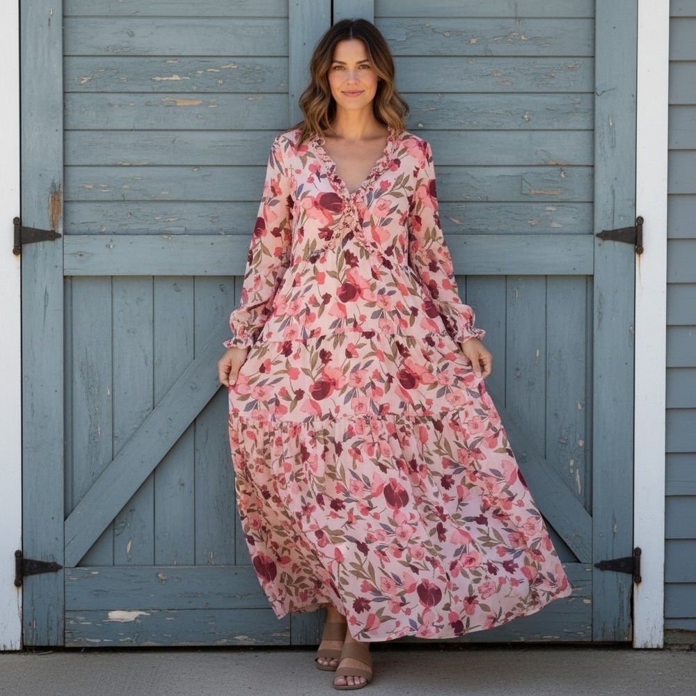 Blush Floral V-Neck Long Sleeve Maxi Dress With Ruffle Neckline